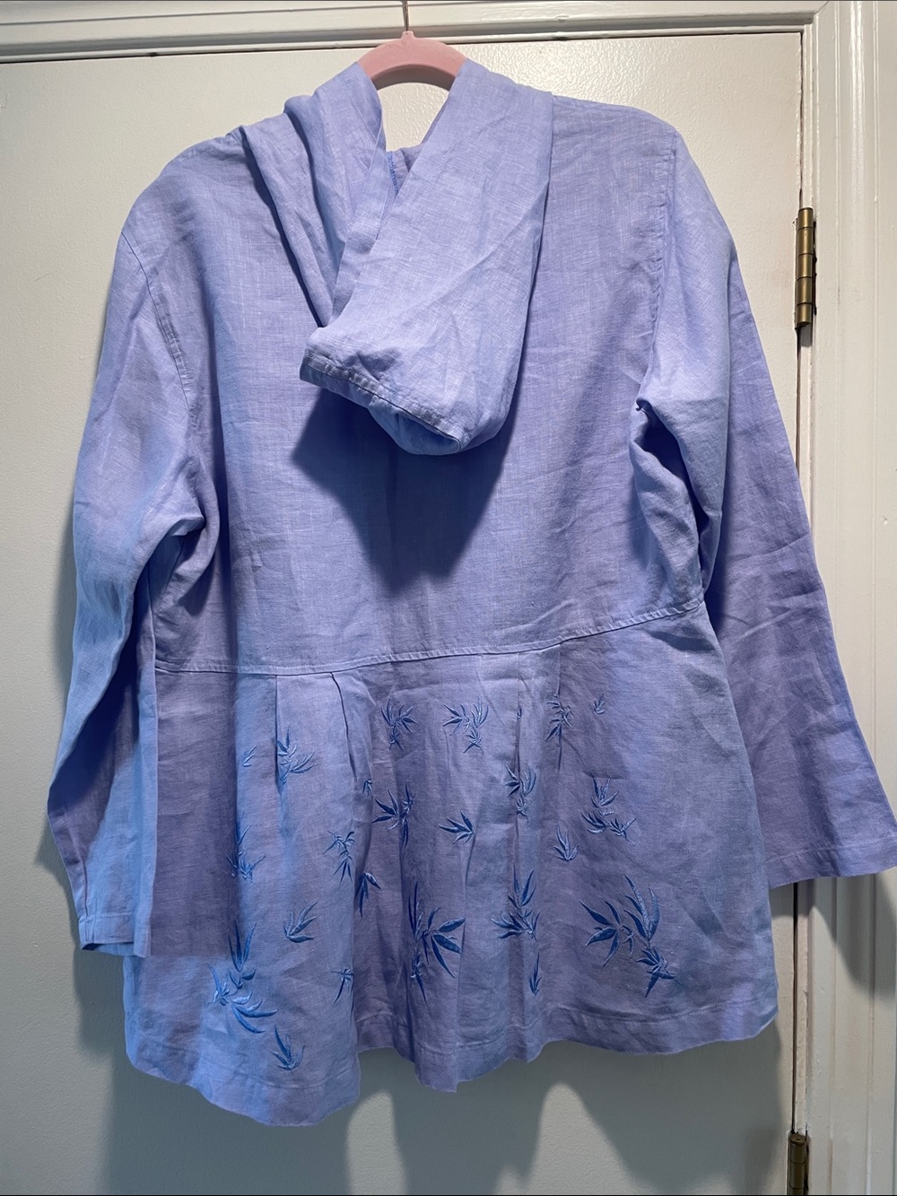 Kleen Light Blue Embroidered Hooded Linen Trench Coat Shell Button Down - Picture 8 of 11